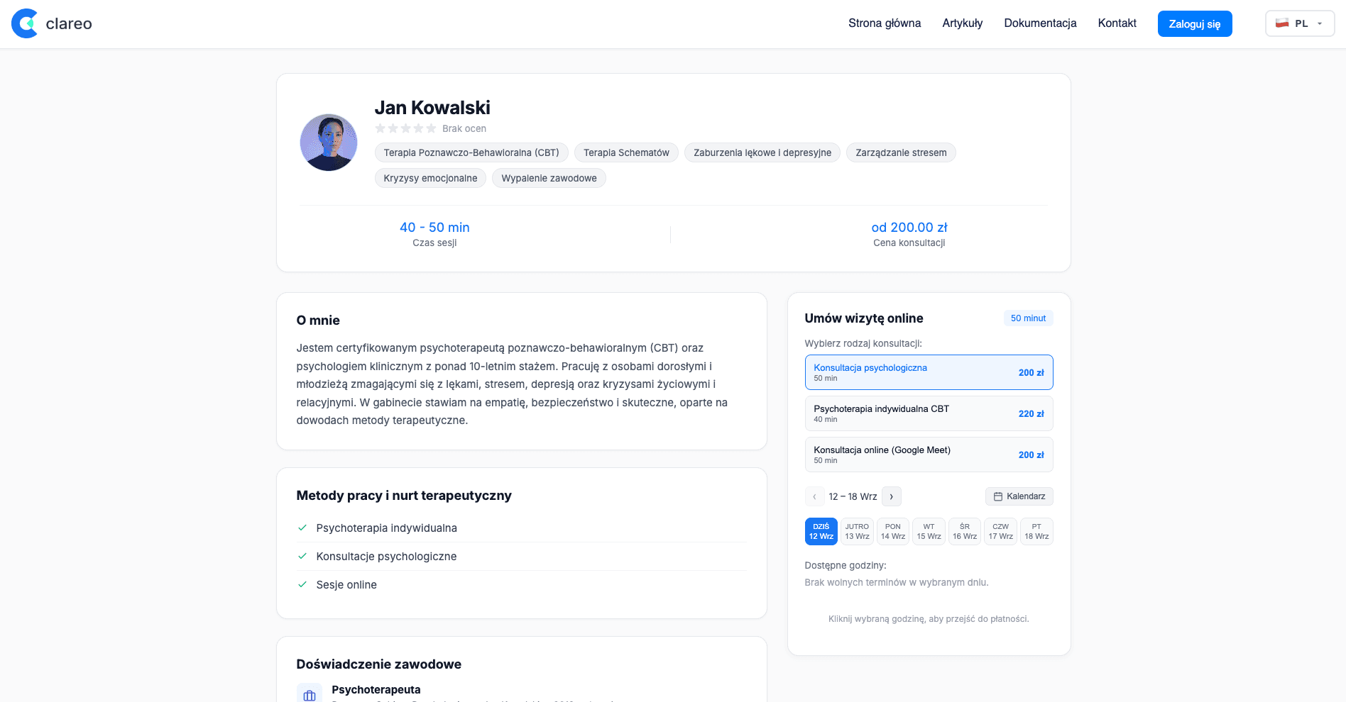 Publiczna wizytówka psychologa z systemem rezerwacji